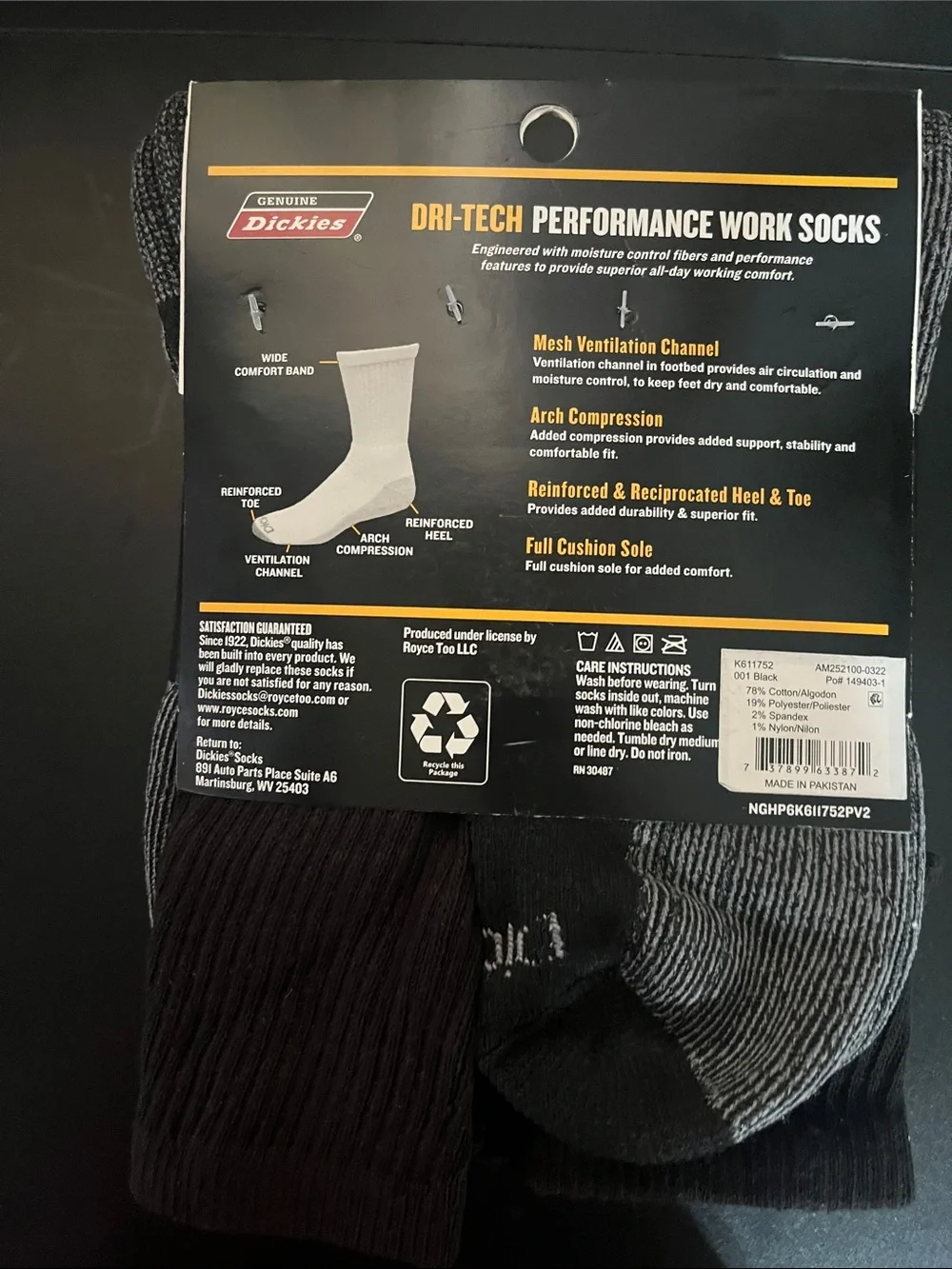 Dickies Men's Flex Dri-Tech Crew Socks - Black & Gray